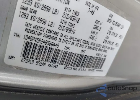 2004 Dodge Caravan Sxt from USA, damaged, VIN 1D4GP45R24B506449